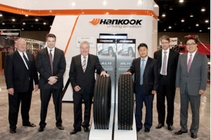 From left: Andrew Zeisser, vice president, Hankook Tire North American OE; Daniel Grimes, director procurement chassis, DTNA; Holger Steindorf, global head of procurement, Daimler Trucks and Buses; Soo Il Lee, president of Hankook Tire America Corp.; Carsten Kirchholtes, general manager of procurement, DTNA; and Byungil Woo, vice president of Hankook Tire global OE division.